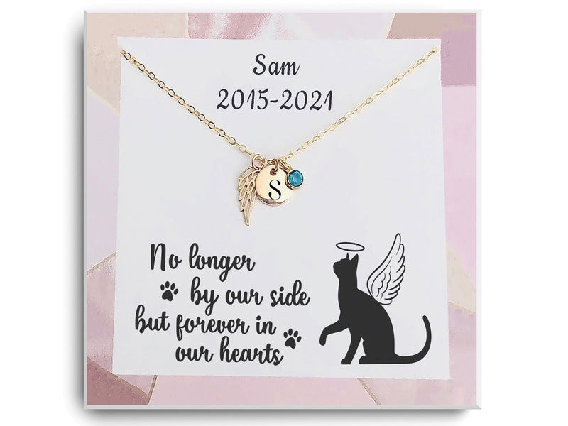 Cat Memorial Necklace in Gold with birthstone, wing and disc