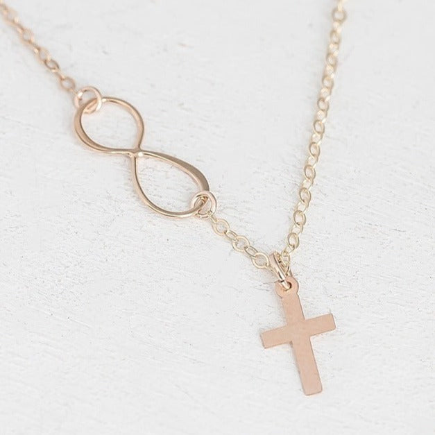 Gold Infinity Symbol and Cross Pendant Memorial Necklace