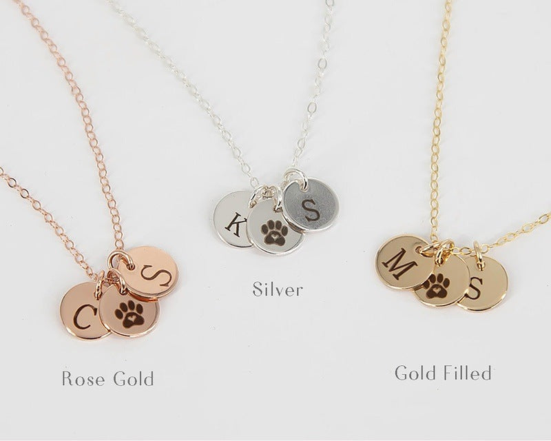 Rose Gold/ Silver/ Gold Filled Disc Charms with Engraved Initials and Paw Print