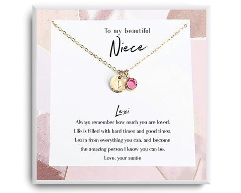 Engraved Disc and Birthstone Necklace-Gift for My Niece